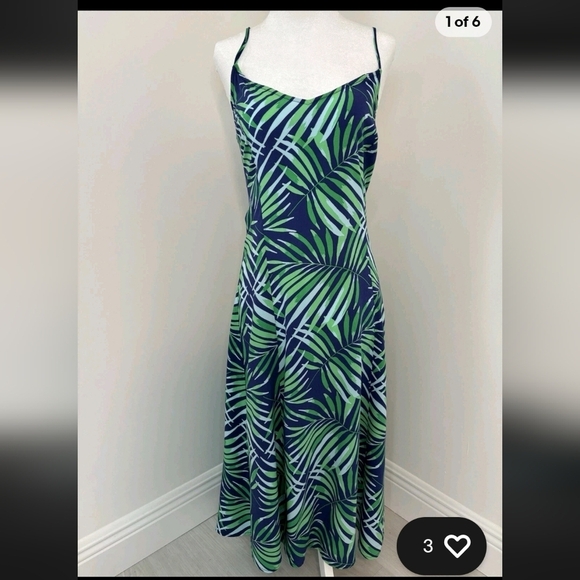 Old Navy Floral Slip Dress Midi Sz L Women Green Blue Palm Leaf Tropical Coastal - Picture 1 of 13